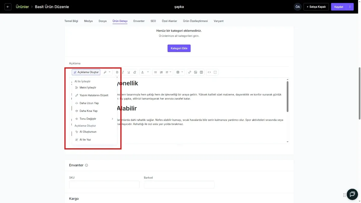 ikas AI Ürün Açıklaması Oluşturma Ekranı