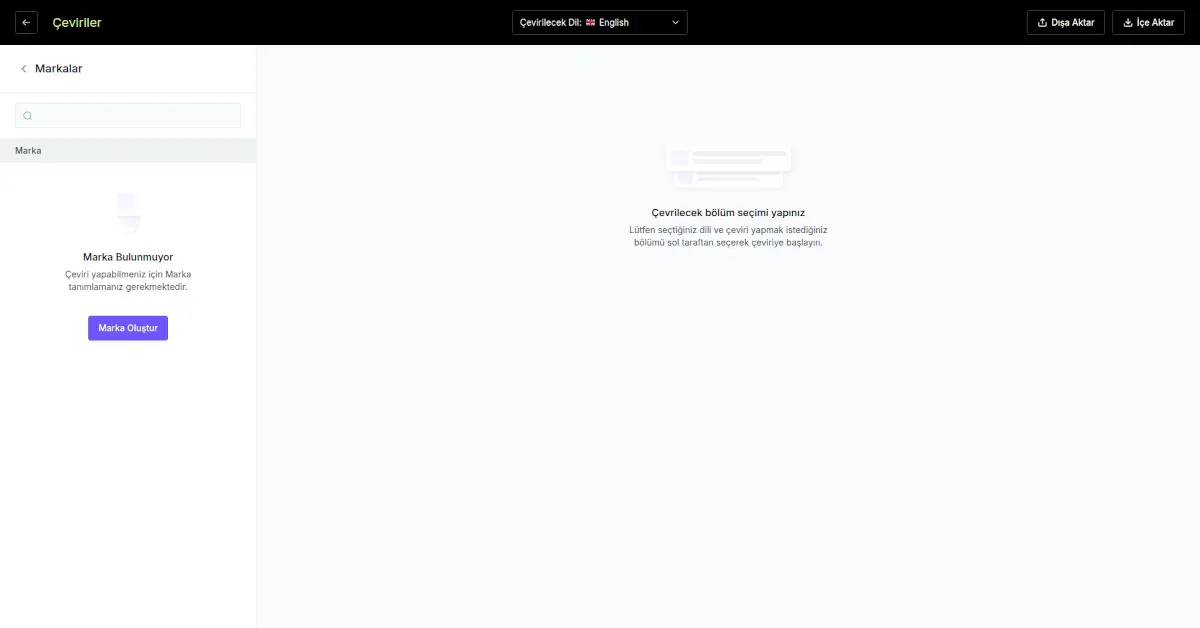 ikas toplu çeviri işlemi için Excel içe/dışa aktarma ekranı