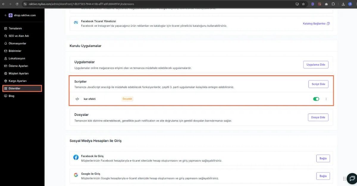ikas Eklentiler Scriptler Ekranı