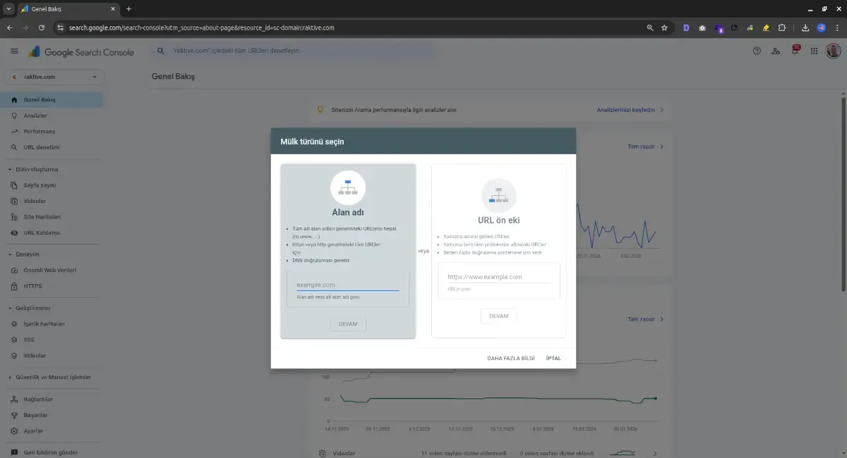 Google Search Console mülk ekleme ekranı 2