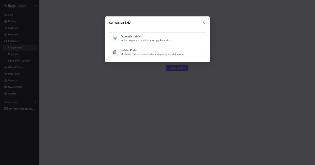 ikas panelinde kampanya ve kupon oluşturma ekranı - indirim kuralları