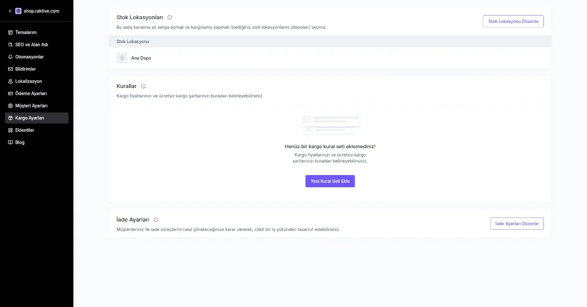 ikas panelinde kargo ayarları ve kural setleri yönetim ekranı