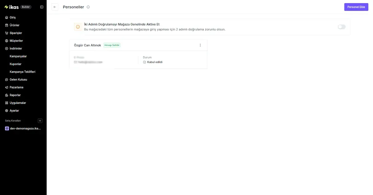 ikas panelinde personel ekleme ve yetkilendirme ayarları ekranı
