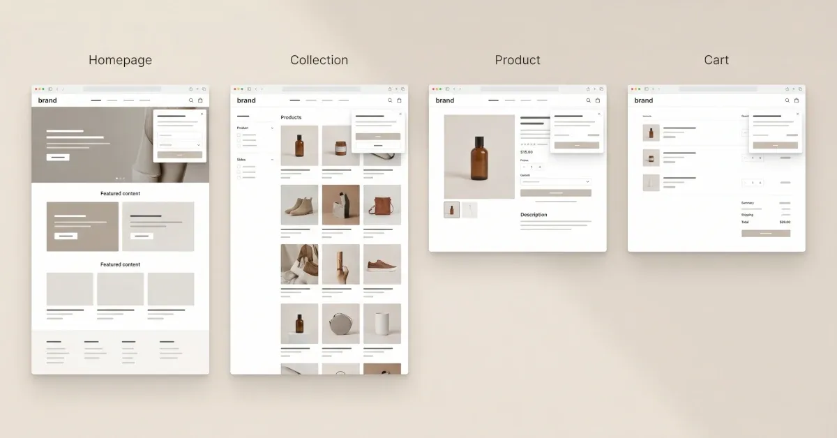 ikas mağazasında ana sayfa, koleksiyon, ürün ve sepet sayfaları için popup strateji haritası