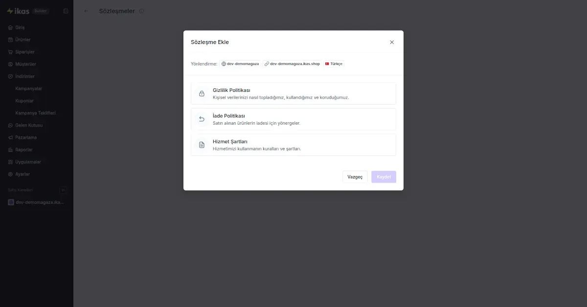 ikas panelinde sözleşme ve politika ekleme yönetim ekranı